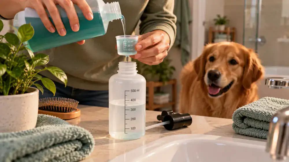Dog owner measuring concentrated shampoo into a marked mixing bottle on a bathroom counter, with the product instruction label visible.