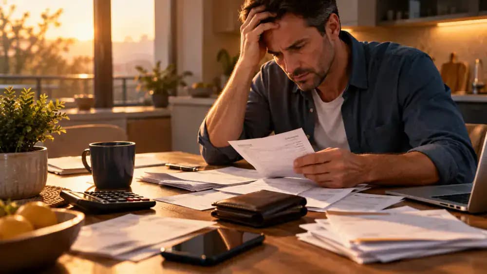Concerned borrower reviewing household bills beside a smartphone and wallet.
