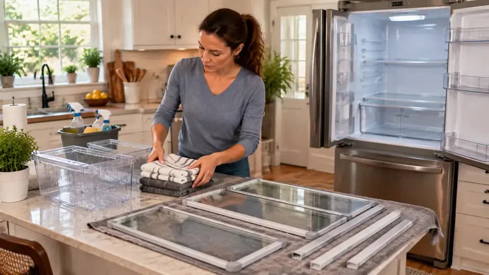 Person preparing a cleared refrigerator compartment with a towel below the open door and shelf pieces arranged nearby for cleaning