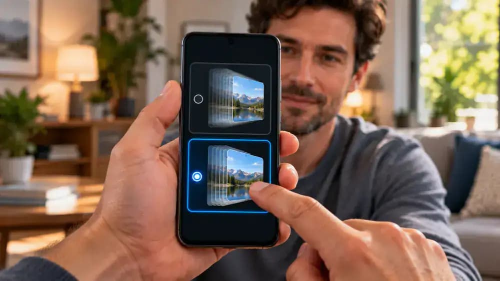 Android smartphone on a black studio pedestal displaying Motion smoothness settings with Standard 60 Hz and Adaptive up to 120 Hz options, as a finger selects Standard and confirms with Apply.