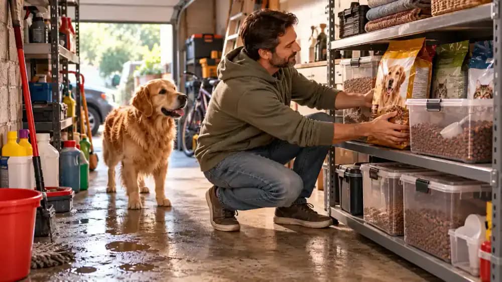 Pet owner lifting a sealed food container from a low garage shelf after noticing condensation on a plastic bin near a washing machine, with damp concrete flooring and cleaning supplies stored separately.