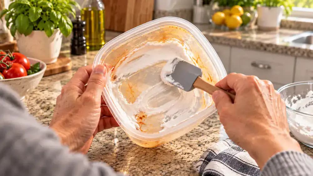 Close-up of hands using a flexible silicone spatula to spread white baking soda paste inside an orange-stained transparent plastic food container on a white towel, with the detached lid's sealing channel treated separately and the silicone gasket removed.