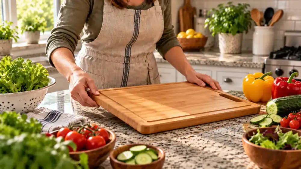 Hand checking a clean, dry cutting board for cracks and deep grooves before placing fresh vegetables on it, with a separate raw-meat board stored away.