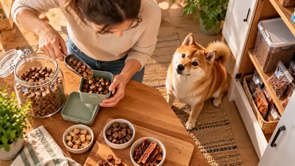 Overhead view of an owner portioning miniature dog treats into a transparent container on a kitchen table while a Shiba Inu watches nearby. A treat pouch, handwritten checklist, and kitchen timer sit beside the container.