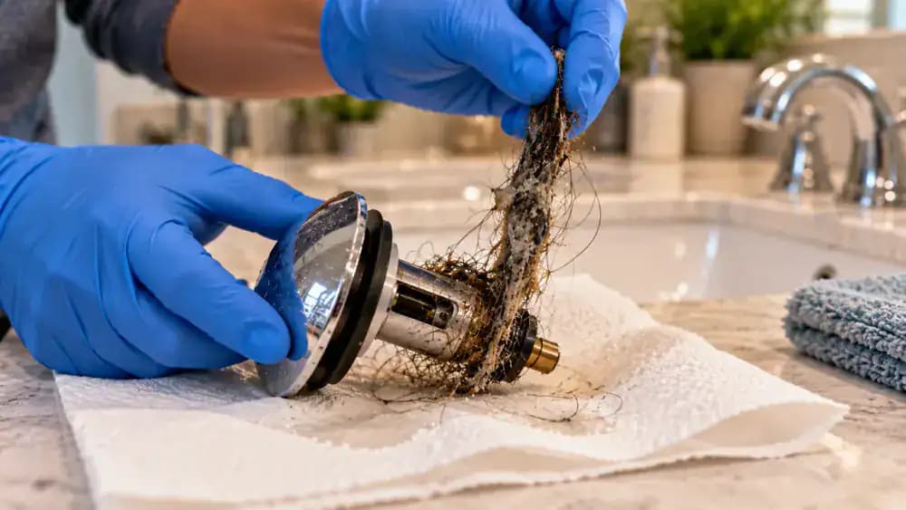 Close-up of a homeowner wearing disposable gloves cleaning tangled hair and soap residue from a removed chrome bathroom sink stopper with a paper towel, showing the intact rubber seal and plastic stem beside a lined trash container.