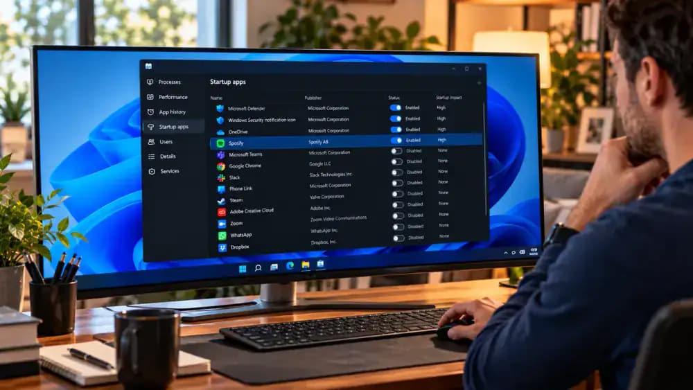 Windows 11 Task Manager displaying the Startup apps page with Name, Status, and Startup impact columns, highlighting a high-impact optional application alongside enabled security and accessibility programs.