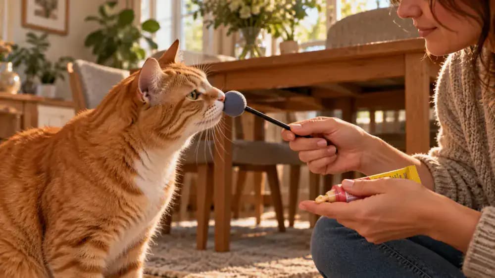 Relaxed orange cat placing one paw on a training mat while its owner offers a lickable treat on a spoon, with a small treat bowl and unopened toy nearby.