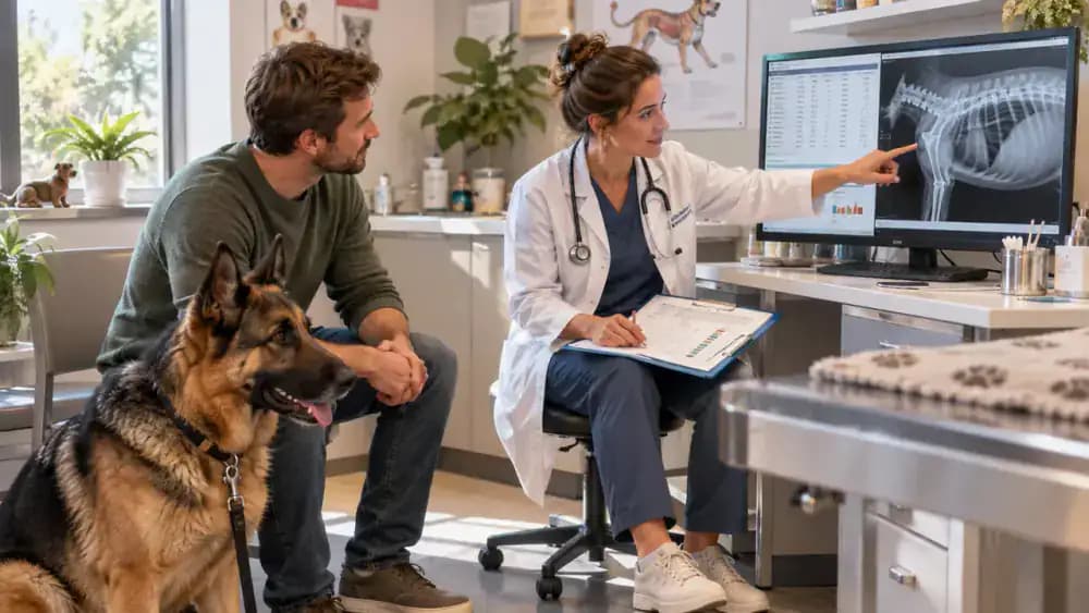 Veterinarian reviewing blood test and imaging reports with the owner of a senior German shepherd