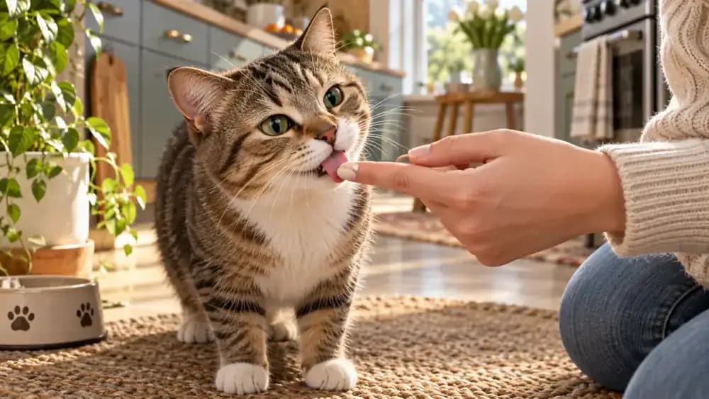 Domestic shorthair cat cautiously licking a small amount of cat toothpaste from its owner's fingertip