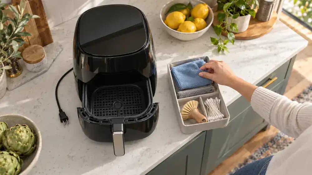 Top-down view of an unplugged small kitchen appliance beside microfiber cloths, a soft brush, cotton swabs, and a small bowl kept away from the appliance while a hand stores the cleaning kit.