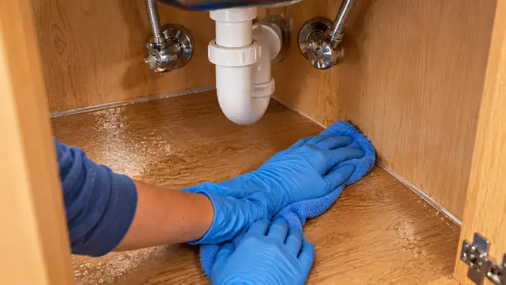 Blue-gloved hands using a white damp microfiber cloth and a dry light blue towel to remove soap residue and moisture from an under-sink kitchen cabinet floor, including laminate seams, corners, and screw heads.