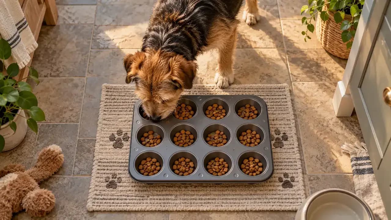 Dog eating kibble distributed among the cups of a sturdy muffin tin