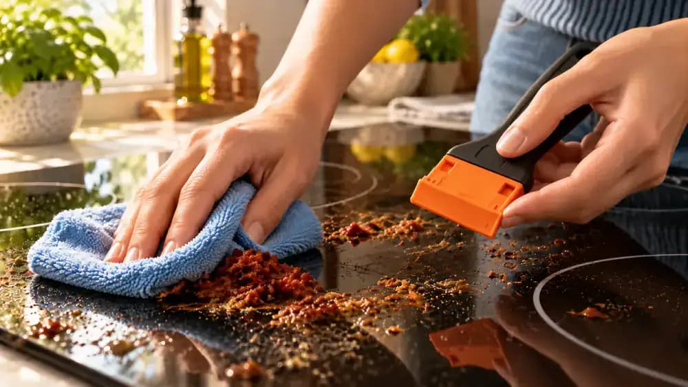 Overhead view of a cooled black glass-ceramic electric cooktop with softened tomato sauce residue, showing hands safely covering a specialized cooktop scraper and using a folded microfiber cloth to lift loosened food particles without scratching the glass.