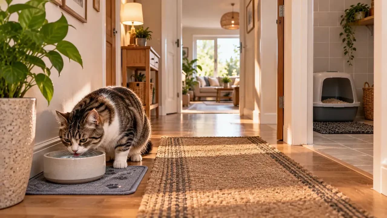 Cat drinking from a clean hallway water station positioned away from the litter box