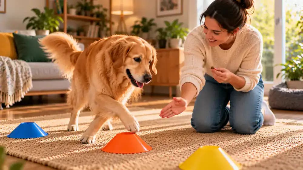 Owner standing beside a familiar weaving marker, calmly giving the verbal cue 'around' while the dog turns around the marker and receives an immediate treat reward.