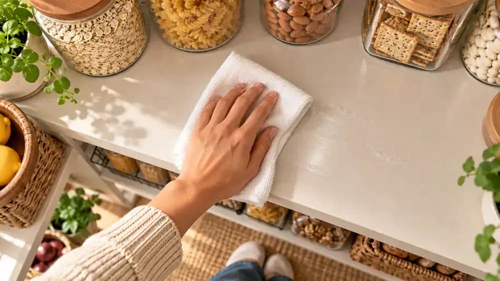 Overhead view of hands wiping a clean laminate pantry shelf with a folded white microfiber cloth in smooth, overlapping strokes to remove leftover soap residue while avoiding exposed particleboard edges and seams.