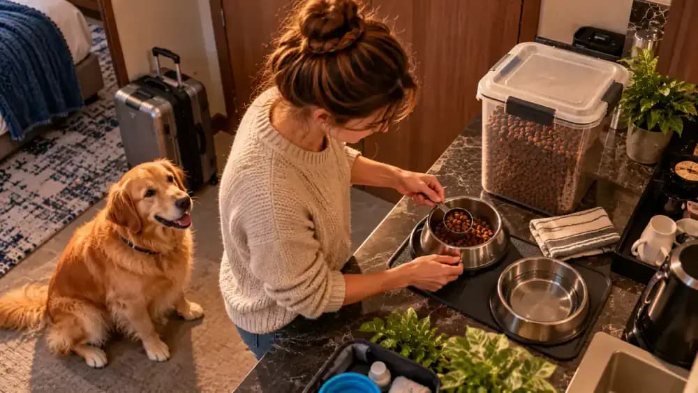 Traveler measuring dry dog food in a hotel kitchenette, sealing an airtight container, refrigerating labeled wet food, moving a room service tray away, and checking a veterinary contact on a smartphone.