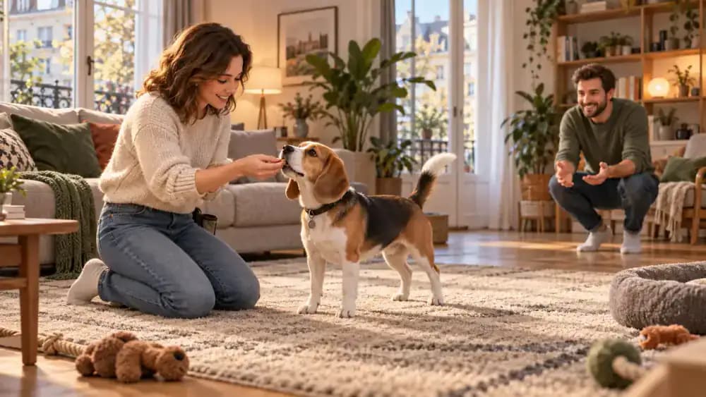 Beagle moving between two adults practicing recall from opposite sides of a living room