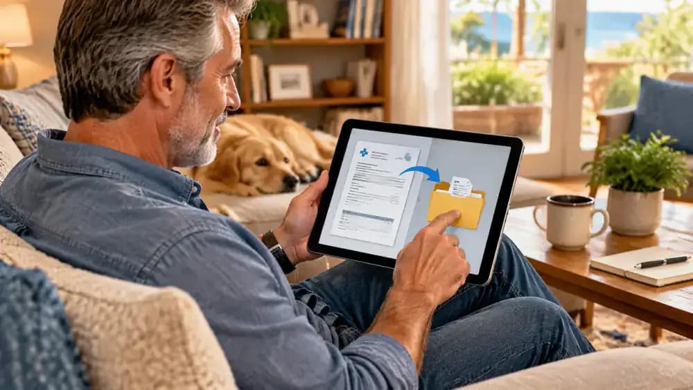 Patient using a tablet to download a fictional visit summary from a patient portal, save the dated PDF in a Visit Summaries folder, and add an unavailable report to a digital follow-up list.