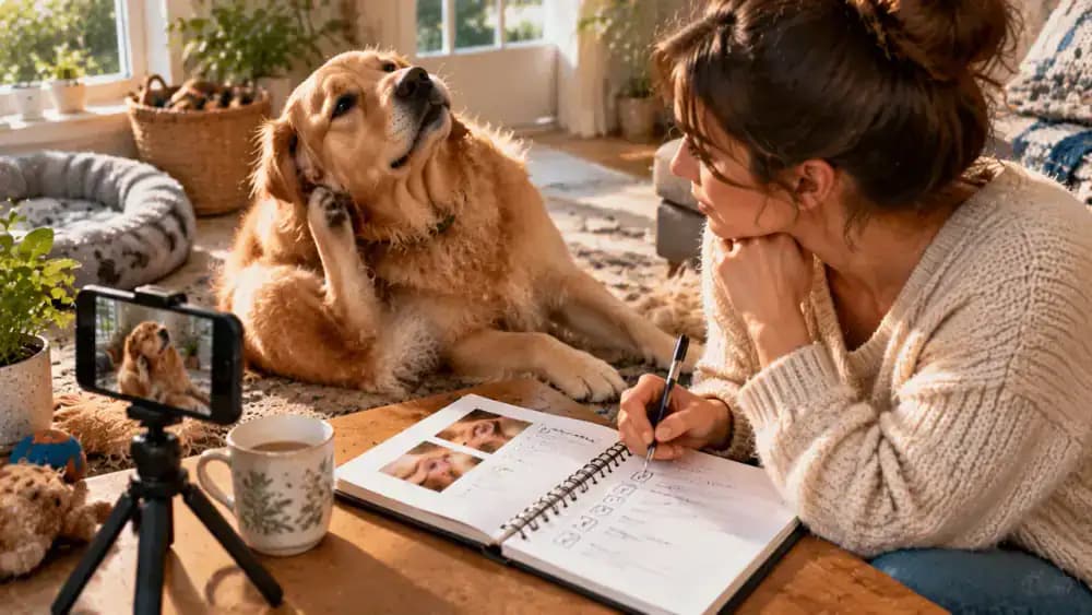 Pet owner documenting a dog's repeated ear scratching in a log with dates and observations, photographing a visible skin concern, and preparing notes for the veterinary clinic.