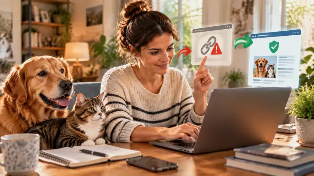 A pet owner avoids clicking an unfamiliar registration link in an unexpected message and opens the official microchip registry website from a saved bookmark to review its privacy guidance.