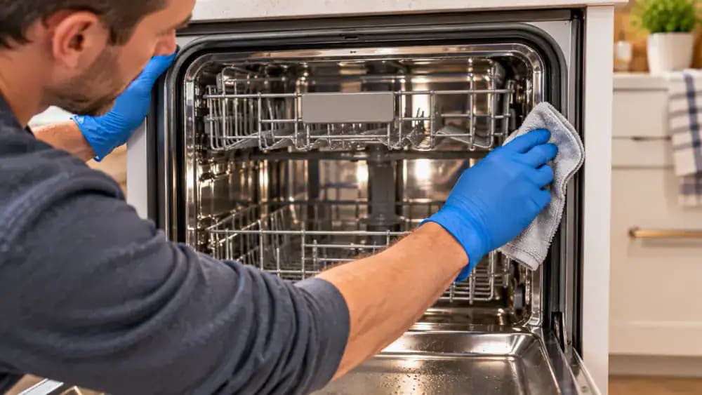Gloved adult wiping the lower inner edge, rubber gasket, and corner seams of an open dishwasher with a damp microfiber cloth while the filter remains removed.