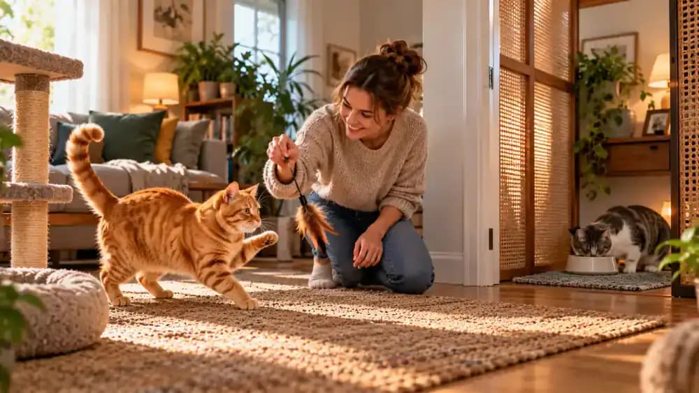 Orange tabby cat playing with a feather wand on a soft living room rug while its owner redirects it away from a closed doorway.