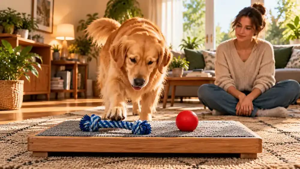 Golden retriever choosing a named toy while its owner sits with hands on their knees and maintains a neutral gaze.