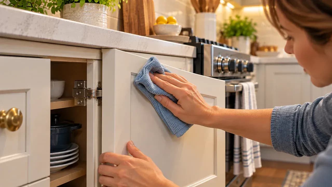 Painted cabinet door being cleaned in small adjacent sections while a hand refolds a microfiber cloth and wipes gently from the outer edge toward the center.