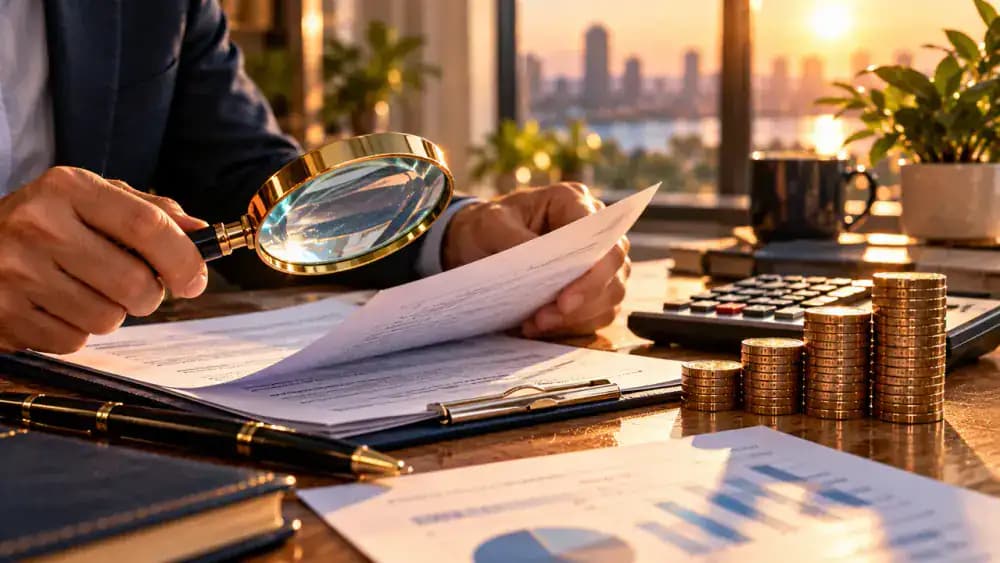 Magnifying glass examining annuity contract expenses beside a calculator and coins.