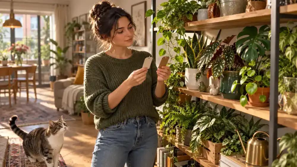 Owner checking labels on houseplants while a cat sniffs from a safe distance