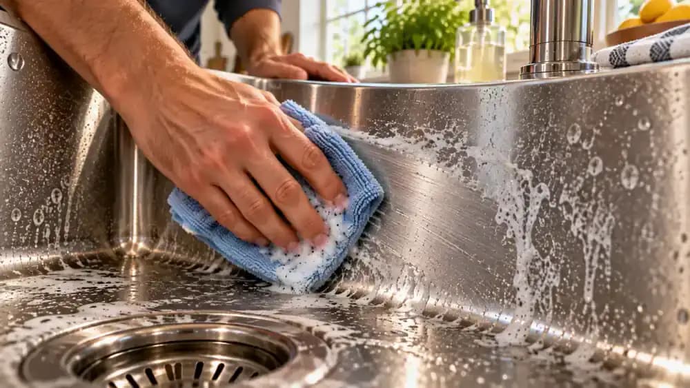 Extreme close-up of a homeowner gently wiping treated hard water deposits from a stainless steel kitchen sink with a folded white microfiber cloth, following the metal grain while a stubborn cloudy mineral patch remains visible.