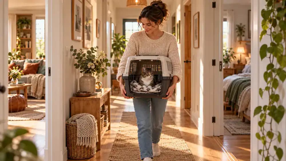 Owner carrying a level cat carrier through a hallway between rooms