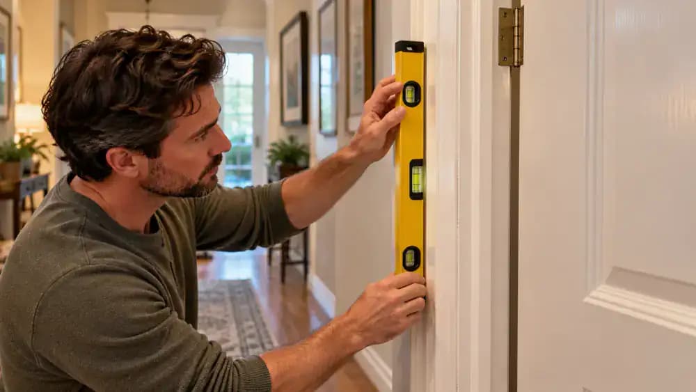Homeowner crouching beside a portable dehumidifier and pressing its humidity control button to set 45 percent in an American home hallway, with an open white wooden interior door, hardwood flooring, and partially open window.