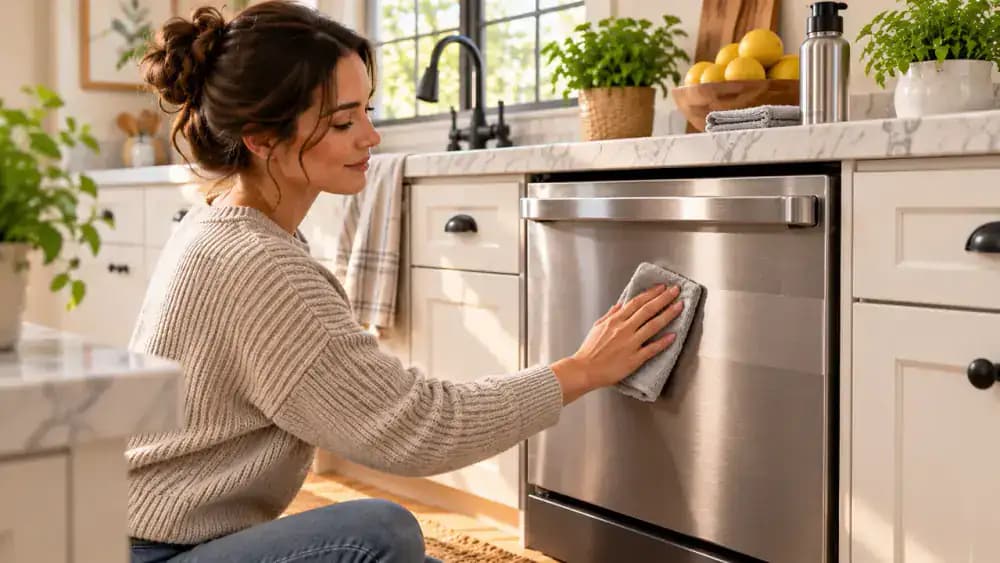 Clean stainless steel trash compactor front under a kitchen counter as a hand wipes vertically with a dry microfiber cloth while an unopened polish bottle sits unused nearby.