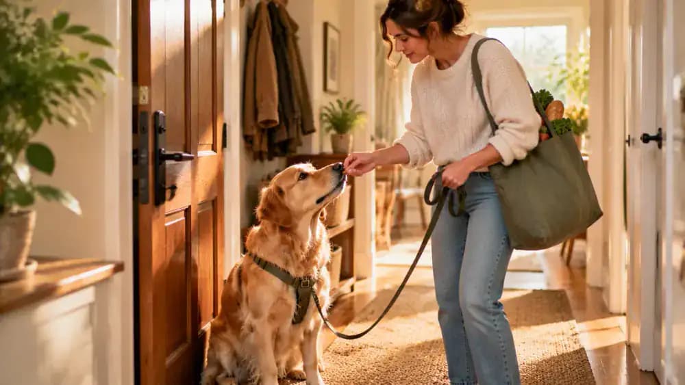 An owner carries a lightweight reusable shopping bag while keeping a dog on a secure leash beside an interior doorway and rewarding the dog for waiting.