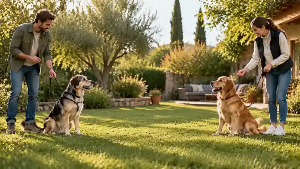 Two handlers standing well apart with their dogs in a spacious garden, rewarding each dog individually for calmly noticing the other and looking back at its handler.