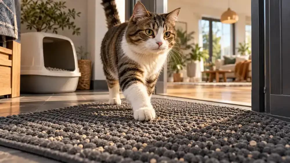 Cat stepping from its litter box onto a textured washable mat that catches scattered granules, while the owner empties collected litter into a trash bin and uses a handheld vacuum along nearby baseboards.