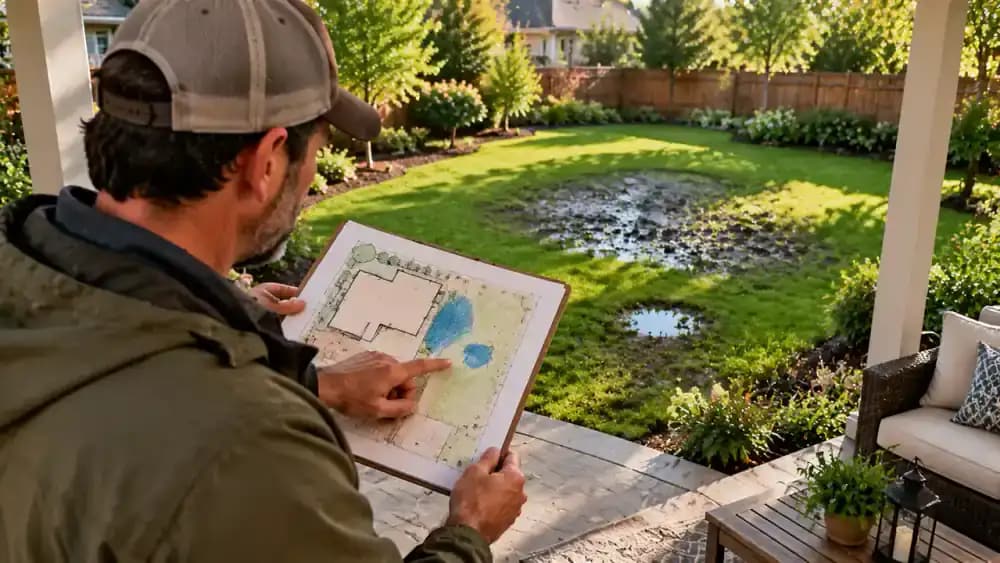 High-angle view of a suburban backyard after rain, showing a homeowner on a covered patio comparing a printed yard sketch with marked wet zones against a lawn containing one distinct puddled low spot and a broader damp area.