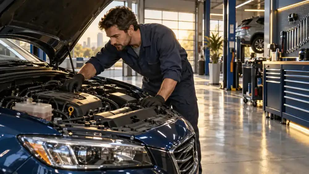 Automotive mechanic inspecting the engine of a used sedan inside a professional garage.