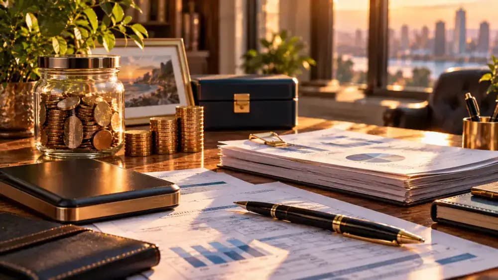 Retirement tax documents arranged beside savings, a calculator, and a pen.