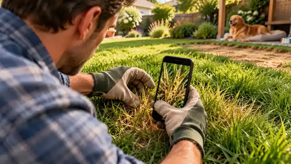 Gloved homeowner parting yellow grass blades to inspect their bases while a hand lens and smartphone sit nearby for closer examination and photos.