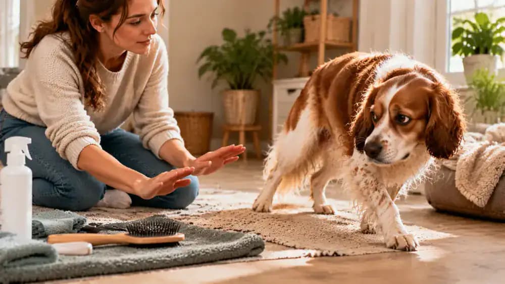 Dog turning its head away and stepping back from a grooming station as the owner lowers their hands and gives the dog space to relax.