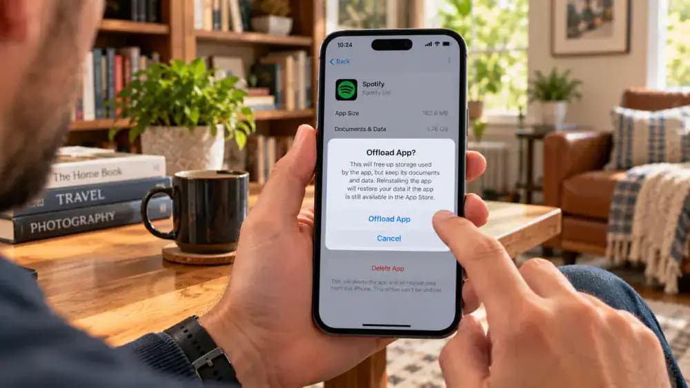 Close-up of an adult holding an iPhone at a home library table, reviewing GarageBand storage details and an Offload App confirmation panel with Cancel and Offload App buttons visible.