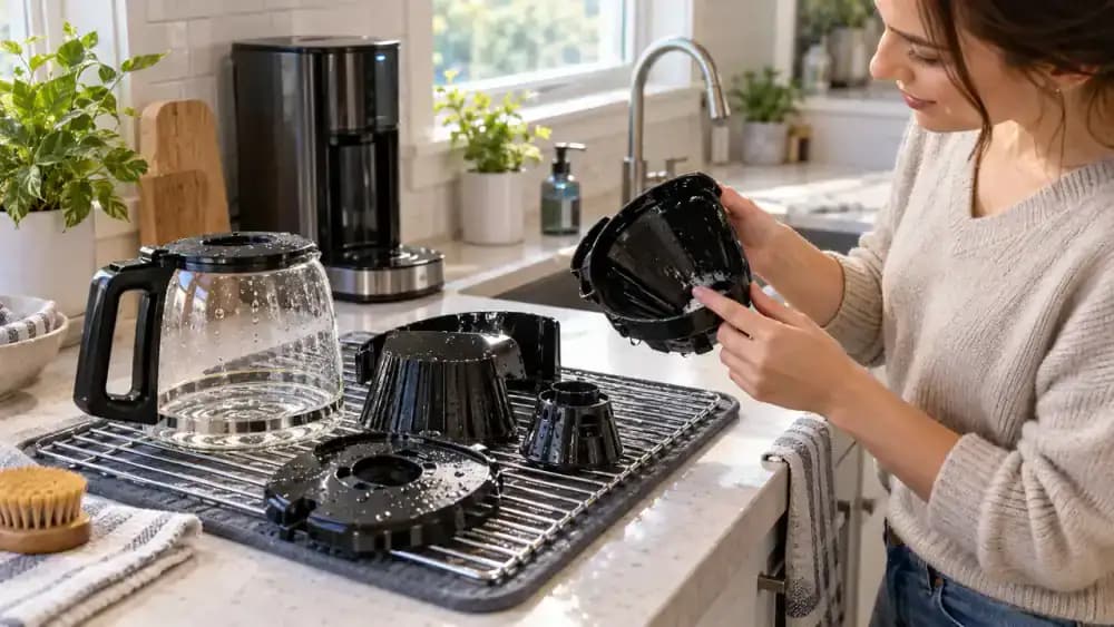 Clean coffee maker parts drying separately on a kitchen rack while a hand checks the basket, reusable filter, carafe lid, and carafe for trapped water and residue.