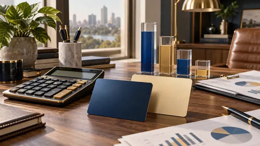 Calculator, two blank credit cards, and abstract bars showing one-fifth and two-fifths of available capacity filled.