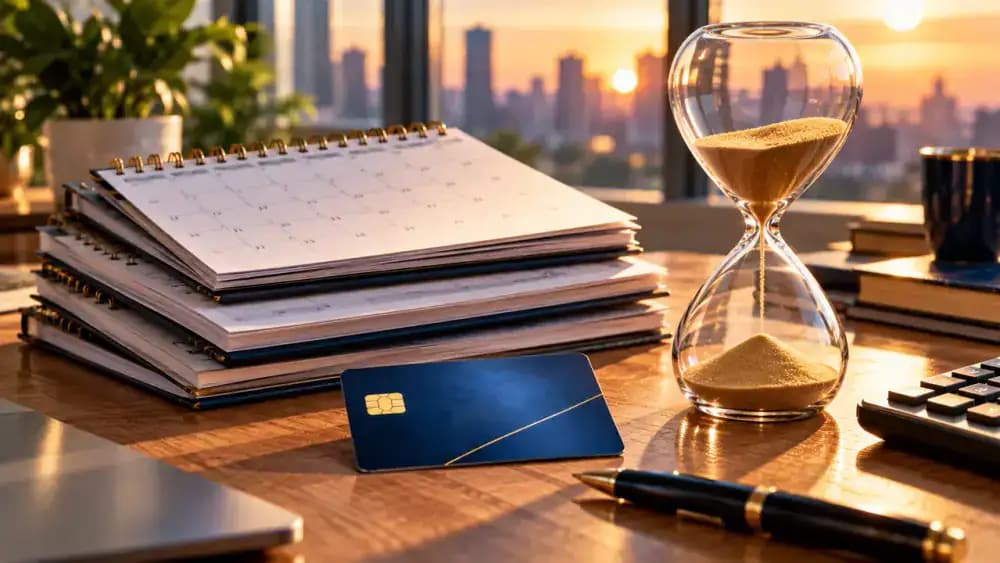 Stack of calendars beside a credit card and hourglass representing the duration of negative credit reporting.