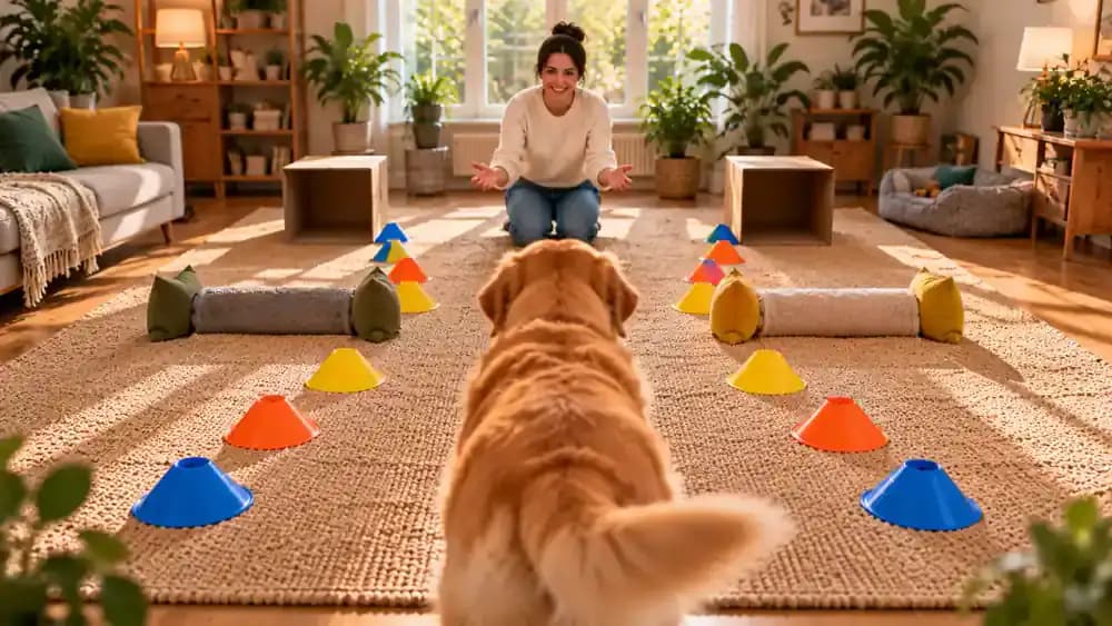 Dog standing at a junction between two clear paths around stable floor markers, independently choosing the right route toward its seated owner waiting with a treat.