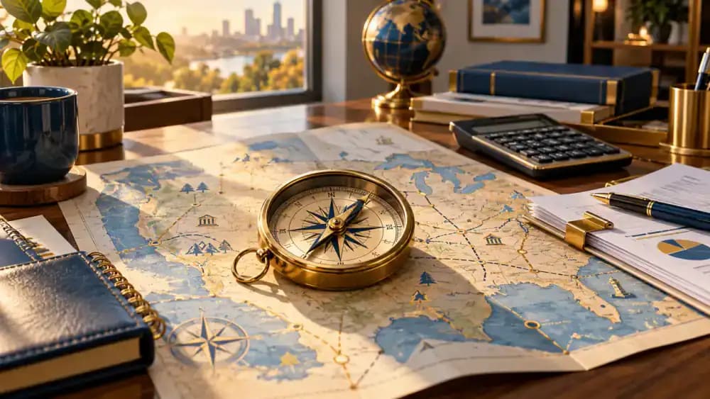 Brass compass resting on an unfolded map, symbolizing the process of identifying financial risks.