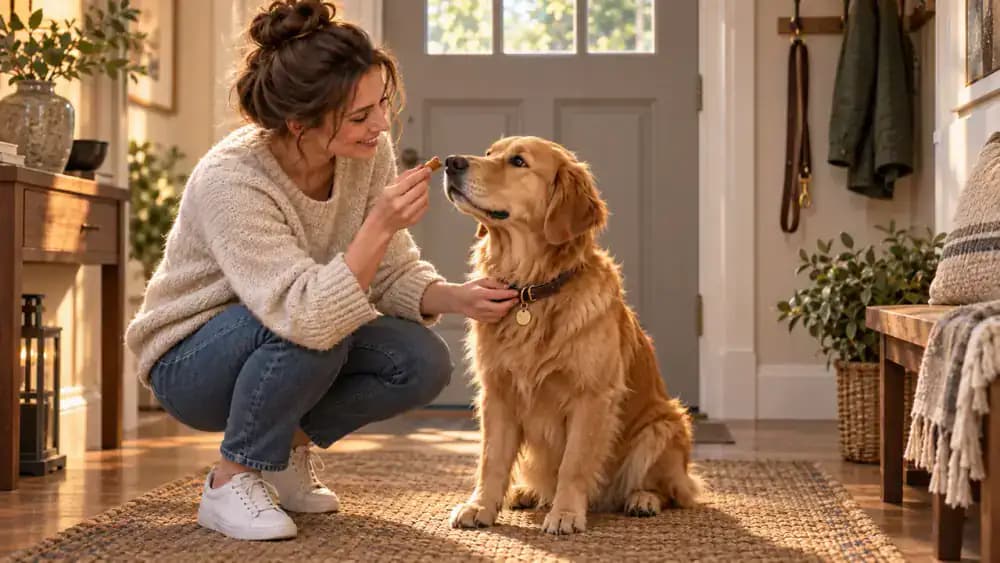 Owner gently touching a golden retriever's collar before rewarding it near a closed front door